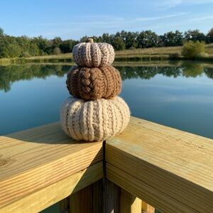Crochet stacking pumpkin trio Neutral brown fall decor one set